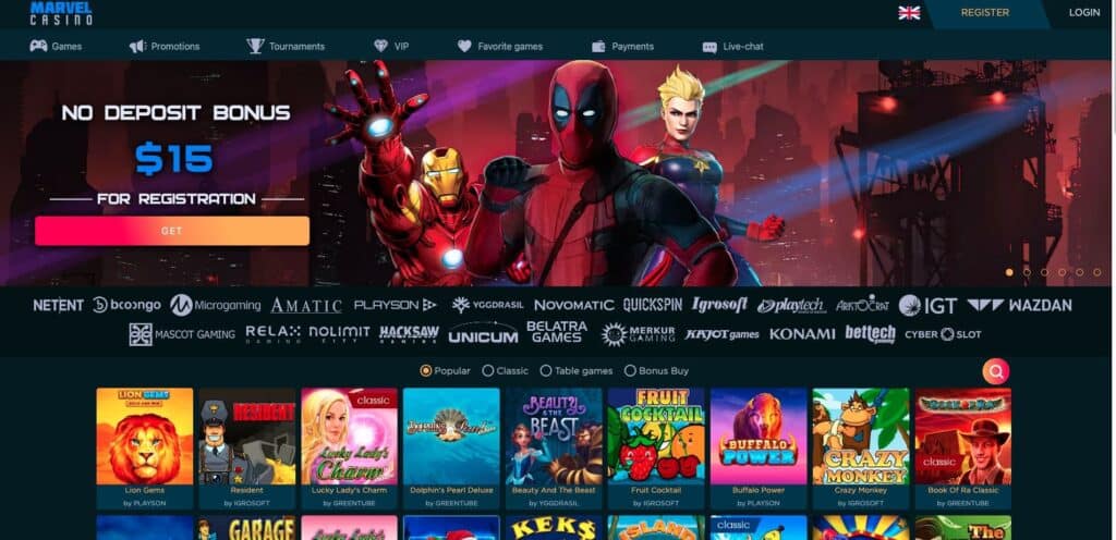 Interfejs rozgrywki w Marvel Casino pokazujący układ lobby i wybór gier